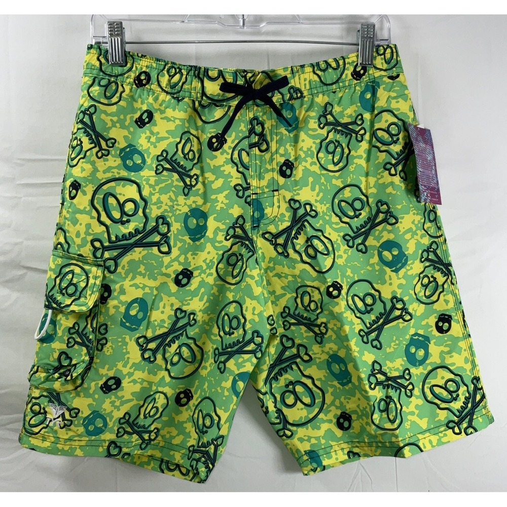 NWT Youth Boy TYR Skull & Crossbone Challenger Swim Trunks Green Yellow XL 16-18